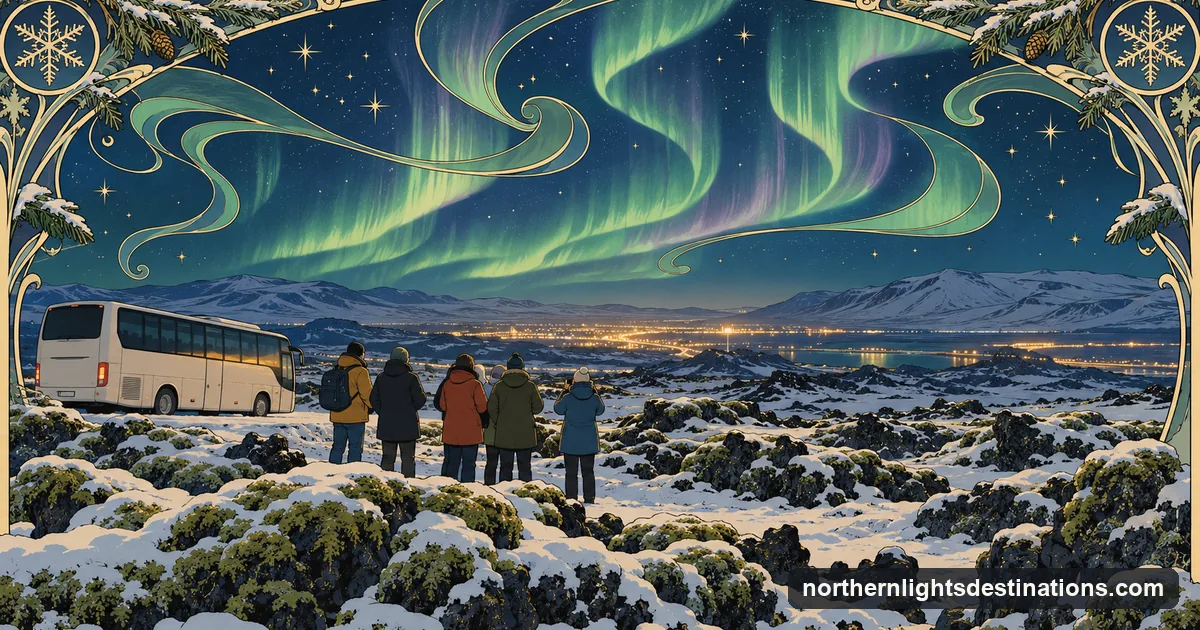 Art Nouveau illustration of a tour group seen from behind in a snowy Icelandic lava field under stylised aurora curtains