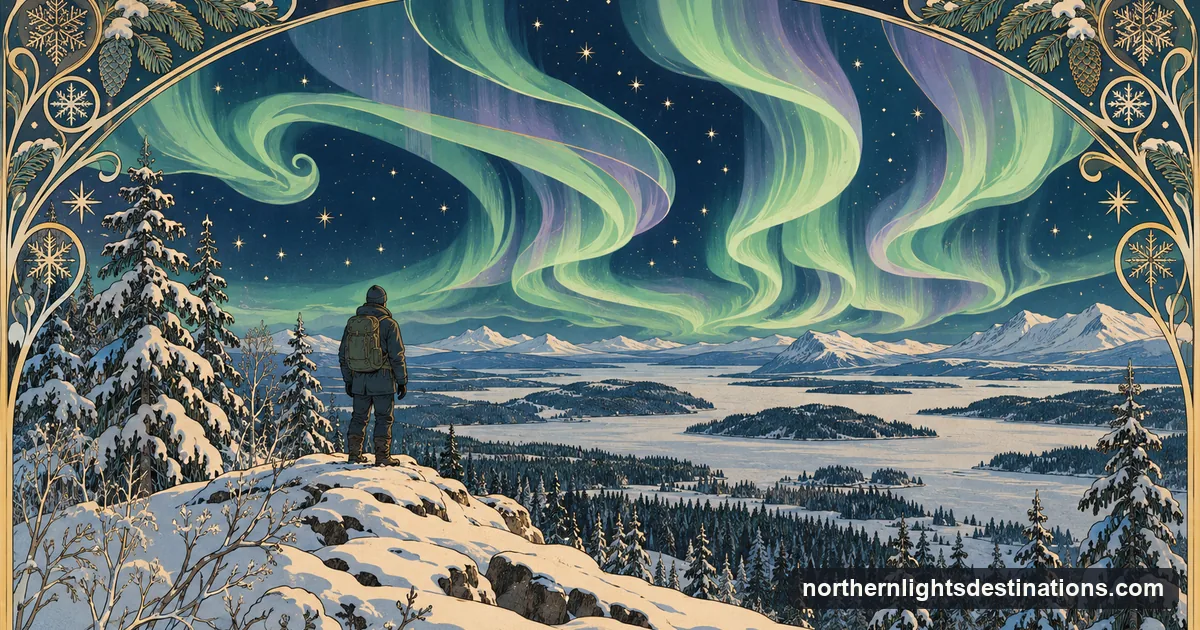 Art Nouveau illustration of a traveller seen from behind on a snowy ridge above frozen lakes and fir forest, stylised green aurora ribbons overhead