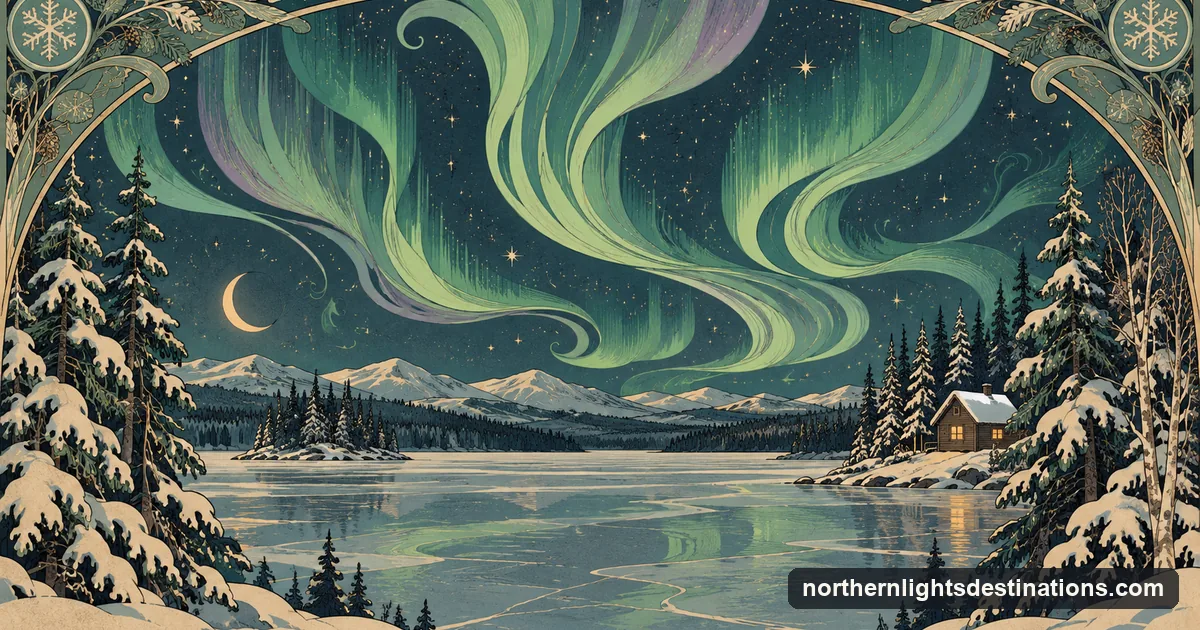 Art Nouveau illustration of a frozen lake and a lit cabin under a thin crescent moon and stylised green aurora curtains