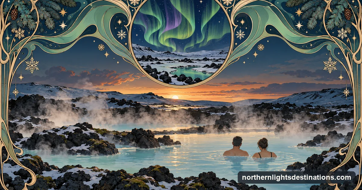Art Nouveau illustration of a steaming pale-blue lagoon among lava rocks at dusk, with a medallion of stylised aurora over a snowy field above