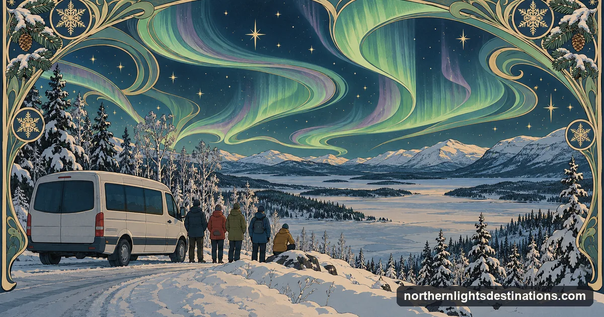 Art Nouveau illustration of travellers seen from behind beside a minibus on a snowy Lapland road under stylised aurora ribbons