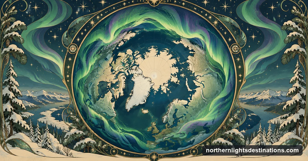 Art Nouveau illustration of a globe seen from above the North Pole with a stylised ring of green aurora around it