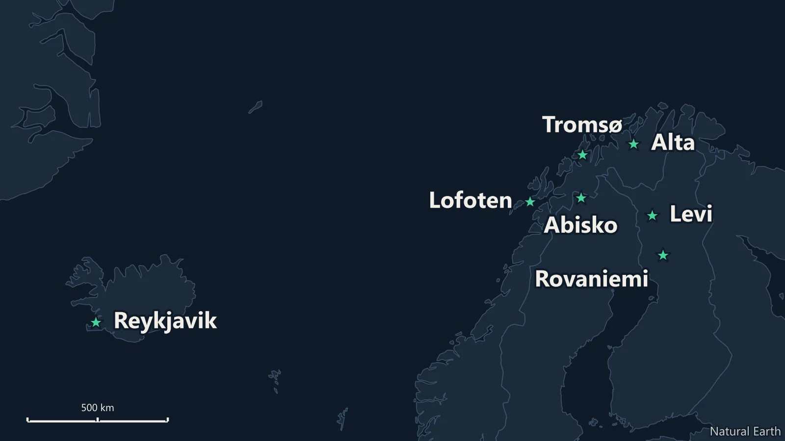 Map of the seven Nordic northern lights destinations on this site: Reykjavik, Tromsø, Alta, Lofoten, Abisko, Levi and Rovaniemi
