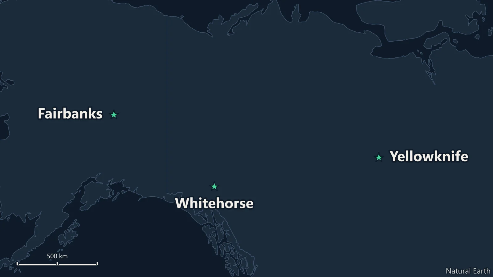 Map of the North American northern lights destinations on this site: Fairbanks, Whitehorse and Yellowknife