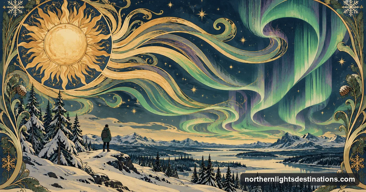 Art Nouveau illustration of an ornamental sun sending flowing ribbons towards a snowy landscape with stylised aurora curtains