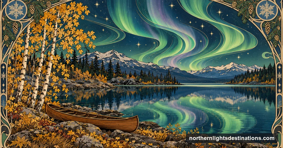 Art Nouveau illustration of an autumn lakeshore with golden birches and stylised green aurora mirrored in the open water