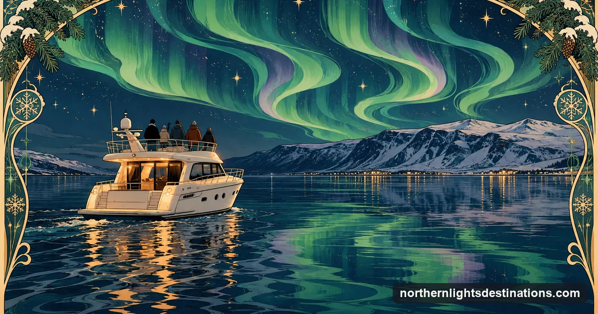 Art Nouveau illustration of a small yacht on a dark bay with passengers seen from behind, a snowy mountain and stylised aurora above