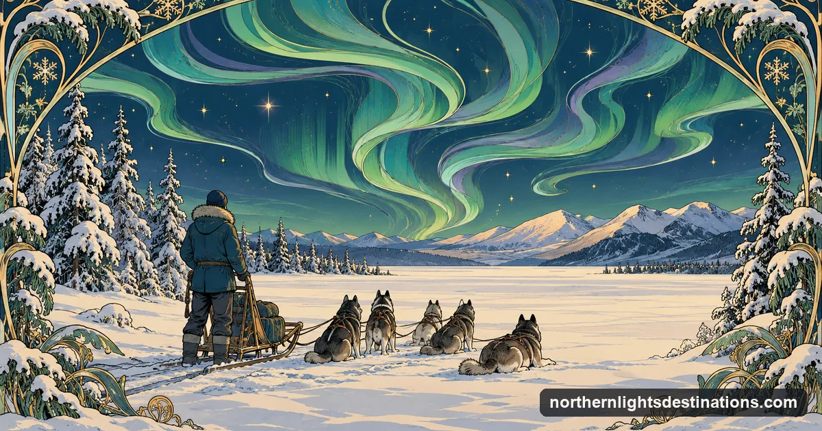 Art Nouveau illustration of a resting husky team and a musher seen from behind on a frozen plain under stylised aurora swirls