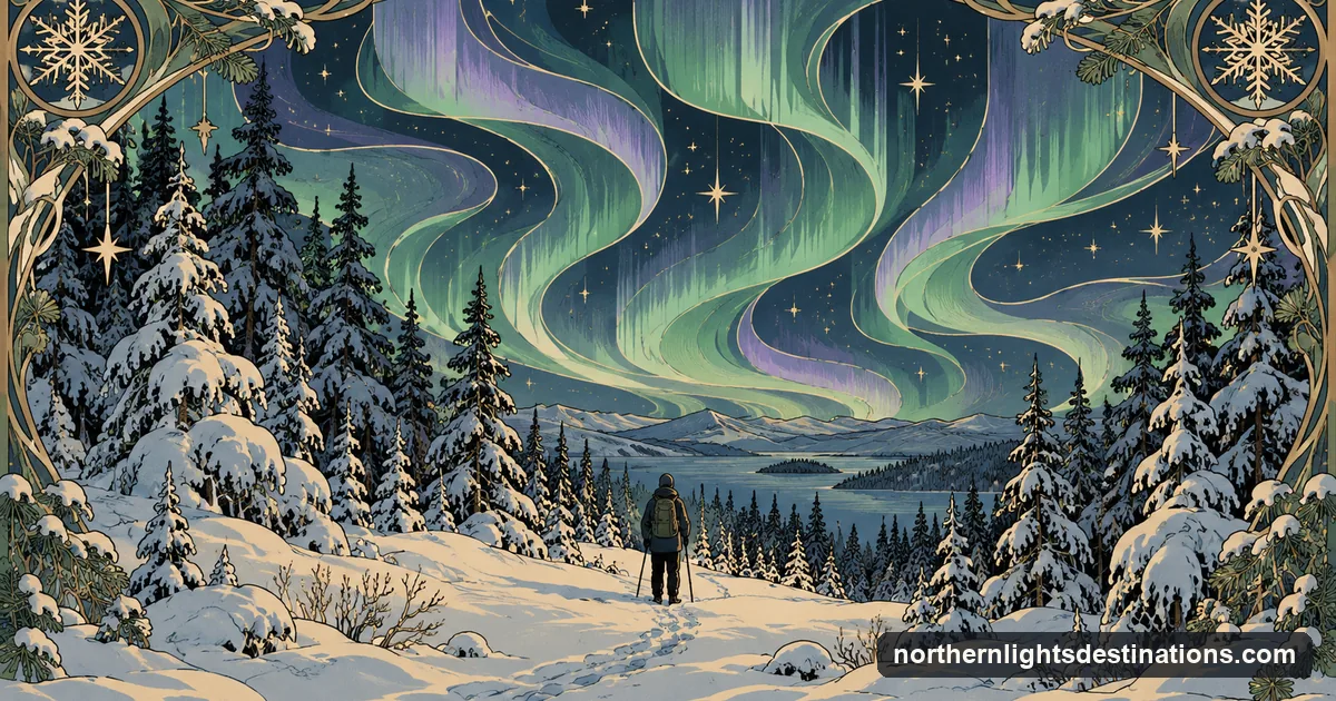 Art Nouveau illustration of a figure seen from behind on a snowy forest path under stylised green and violet aurora curtains