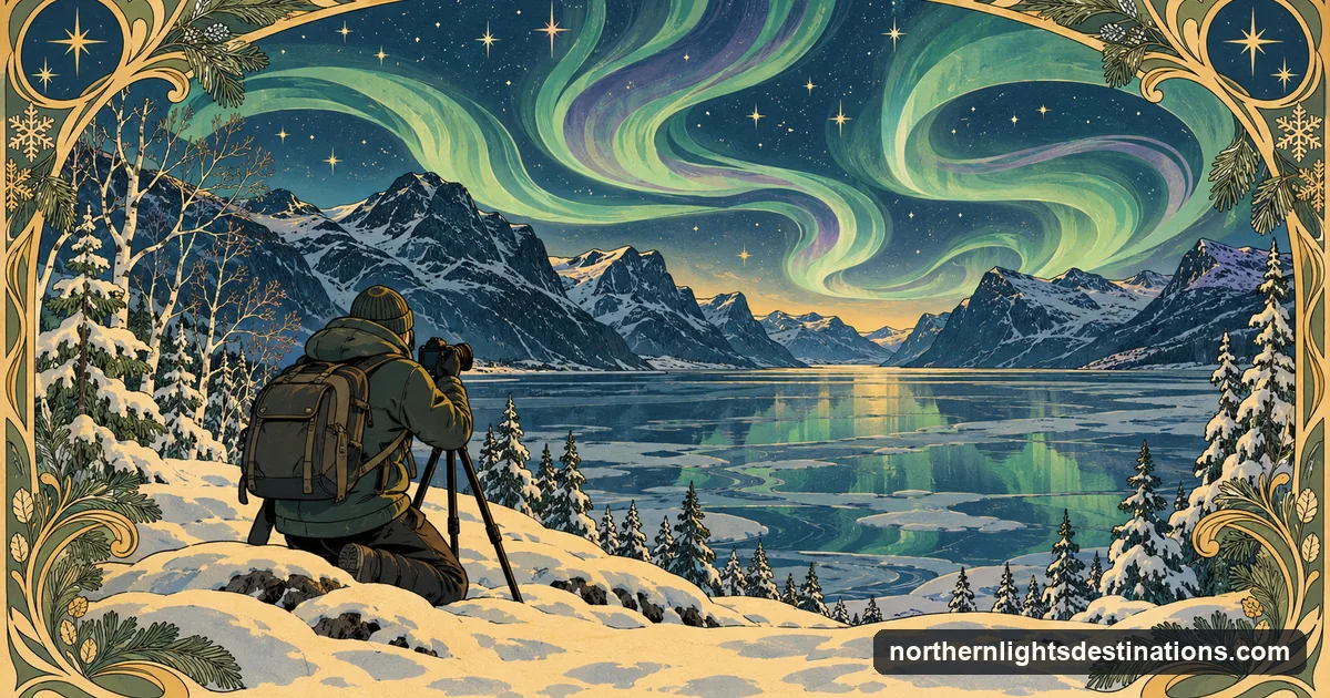 Art Nouveau illustration of a photographer seen from behind at a camera on a tripod on a snowy fjord shore under stylised aurora
