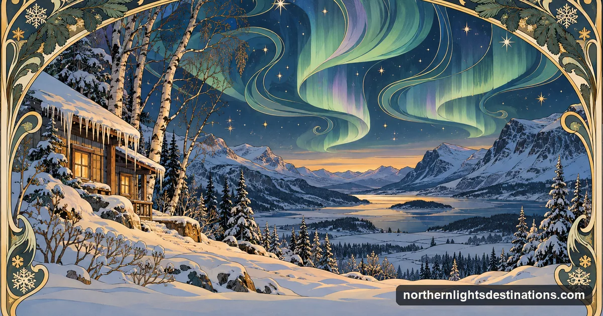 Art Nouveau illustration of a late-winter mountain valley and cabin with icicles under stylised aurora ribbons and a twilight horizon