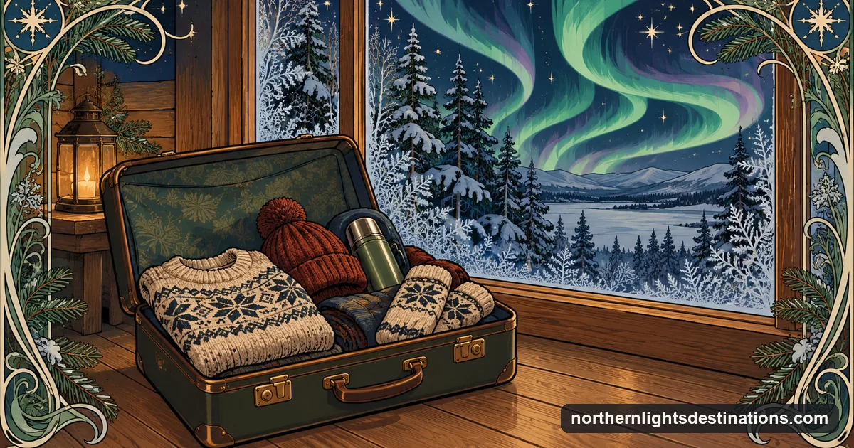 Art Nouveau illustration of an open suitcase with winter clothes beside a frosted cabin window, stylised aurora outside