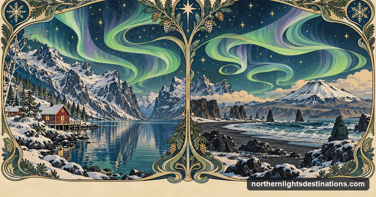 Art Nouveau illustration of a Norwegian fjord with a red cabin beside an Icelandic black-sand shore, one stylised aurora ribbon across both